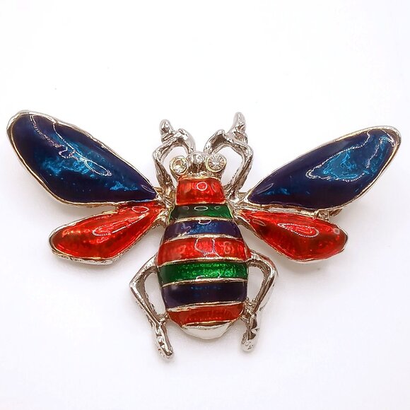 Vintage Bee Brooch Red Blue Green Striped Enameled Rhinestone Silver-tone Pin - Picture 1 of 10